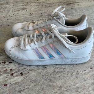 Girls Adidas White Sneakers with Iridescent Stripes.  VGUC. Size 6.